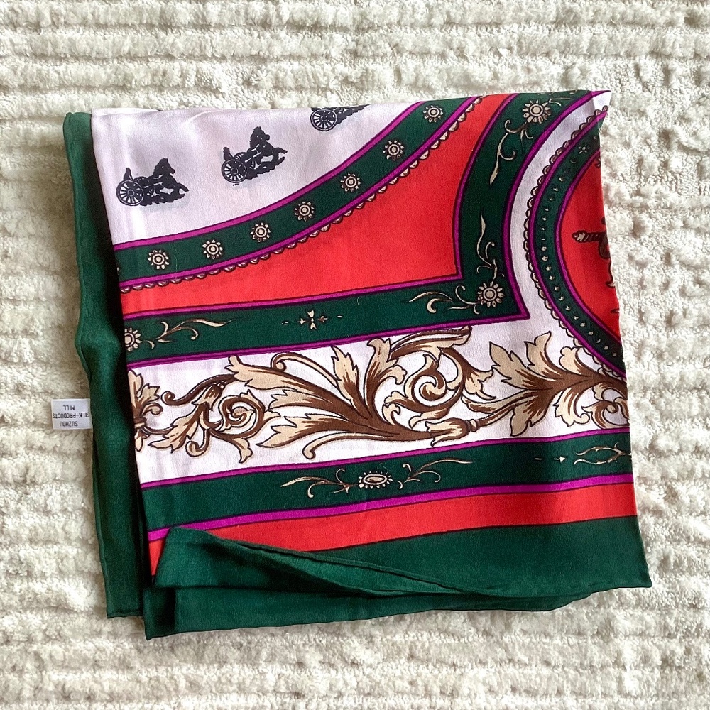 Vintage Red Green Equestrian Old Money 100% Pure Silk Scarf 32" Hand rolled Hem